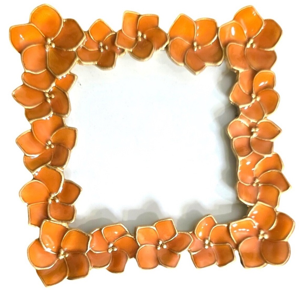Picture Frame Ashleigh‎ Manor Orange Enameled Floral Gold Tone 3.5x3.5